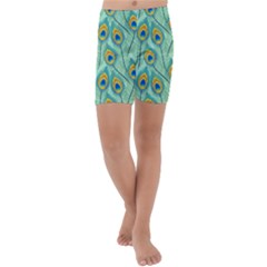 Lovely Peacock Feather Pattern With Flat Design Kids  Lightweight Velour Capri Yoga Leggings by Simbadda