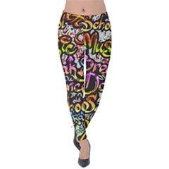 Graffiti Word Seamless Pattern Velvet Leggings by Simbadda