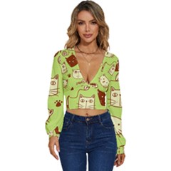Cute-hand-drawn-cat-seamless-pattern Long Sleeve Deep-v Velour Top by Simbadda