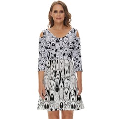 Seamless-pattern-with-black-white-doodle-dogs Shoulder Cut Out Zip Up Dress by Simbadda