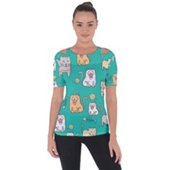 Seamless-pattern-cute-cat-cartoon-with-hand-drawn-style Shoulder Cut Out Short Sleeve Top by Simbadda