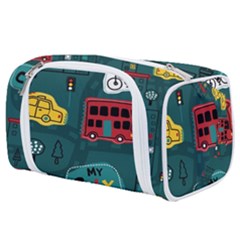 Seamless-pattern-hand-drawn-with-vehicles-buildings-road Toiletries Pouch by Simbadda