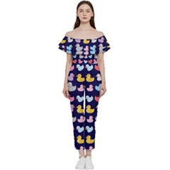 Micro Duck Pattern Bardot Ruffle Jumpsuit by NerdySparkleGoth