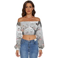 Cute Cats Seamless Pattern Long Sleeve Crinkled Weave Crop Top by Bangk1t
