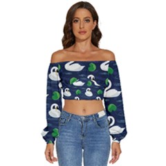 Swan Pattern Elegant Design Long Sleeve Crinkled Weave Crop Top by Bangk1t