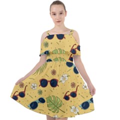 Seamless Pattern Of Sunglasses Tropical Leaves And Flower Cut Out Shoulders Chiffon Dress by Grandong
