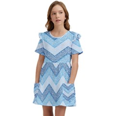 Seamless Pattern Of Cute Summer Blue Line Zigzag Kids  Frilly Sleeves Pocket Dress by Grandong