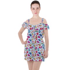 Sea Creature Themed Artwork Underwater Background Pictures Ruffle Cut Out Chiffon Playsuit by Grandong