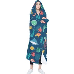 Variety Of Fish Illustration Turtle Jellyfish Art Texture Wearable Blanket by Grandong