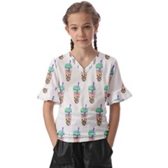 Cute Boba Kids  V-neck Horn Sleeve Blouse by artworkshop