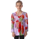 Seamless Pattern With Roses And Butterflies Kids  V Neck Casual Top View1
