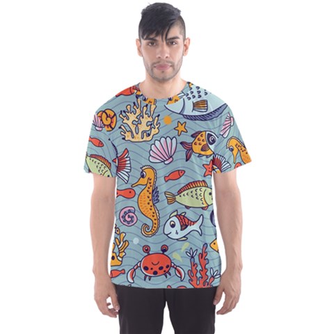 Cartoon Underwater Seamless Pattern With Crab Fish Seahorse Coral Marine Elements Men s Sport Mesh T-shirt by uniart180623