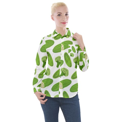 Vegetable Pattern With Composition Broccoli Women s Long Sleeve Pocket Shirt by pakminggu