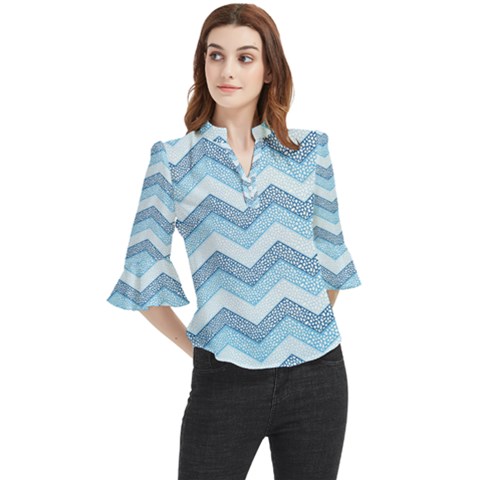 Seamless Pattern Of Cute Summer Blue Line Zigzag Loose Horn Sleeve Chiffon Blouse by Bedest