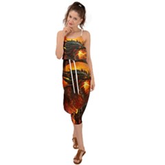 Dragon Fire Fantasy Art Waist Tie Cover Up Chiffon Dress by Cowasu