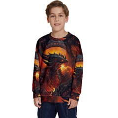 Dragon Fire Fantasy Art Kids  Crewneck Sweatshirt by Cowasu