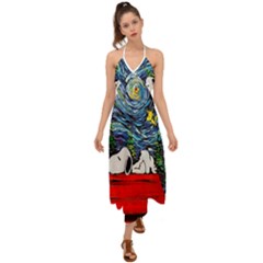 Dog Cartoon Vincent Van Gogh s Starry Night Parody Halter Tie Back Dress  by Sarkoni