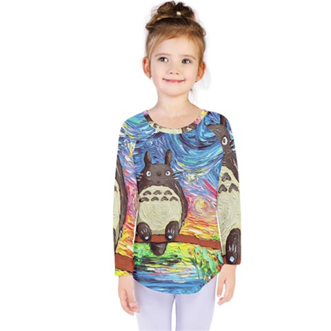 Cartoon Starry Night Art Van Gogh Parody Kids  Long Sleeve T-shirt by Sarkoni