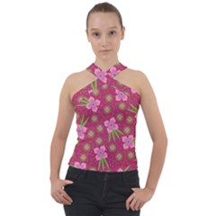 Flower Background Pattern Pink Cross Neck Velour Top by Ravend