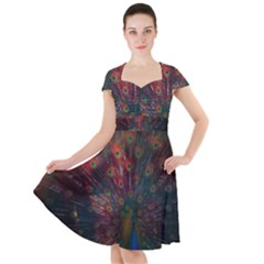 Peacock Feather Bird Cap Sleeve Midi Dress by Bedest