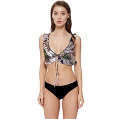 Japanese Painting Flower Peacock Low Cut Ruffle Edge Bikini Top by Bedest