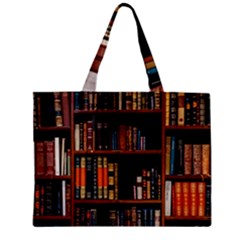 Assorted Title Of Books Piled In The Shelves Assorted Book Lot Inside The Wooden Shelf Zipper Mini Tote Bag by Ravend