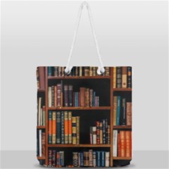 Assorted Title Of Books Piled In The Shelves Assorted Book Lot Inside The Wooden Shelf Full Print Rope Handle Tote (large) by Ravend