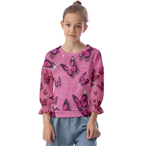 Pink Glitter Butterfly Kids  Cuff Sleeve Top by Ndabl3x