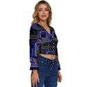 Blue Computer Monitor With Chair Game Digital Art Long Sleeve V-Neck Top View3