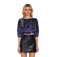 Blue Computer Monitor With Chair Game Digital Art Mid Sleeve Drawstring Hem Top by Bedest