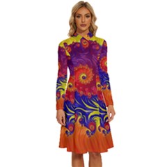 Fractal Spiral Bright Colors Long Sleeve Shirt Collar A-line Dress by Proyonanggan