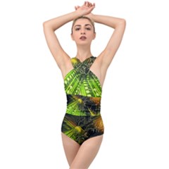Machine Technology Circuit Electronic Computer Technics Detail Psychedelic Abstract Pattern Cross Front Low Back Swimsuit by Sarkoni