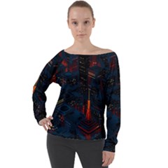 Architecture City Pixel Art Off Shoulder Long Sleeve Velour Top by Sarkoni