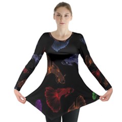 Vector Aquarium Guppies Seamless Fish Pattern With Black Background Long Sleeve Tunic  by Grandong