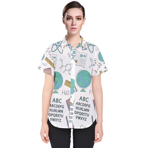 School Subjects And Objects Vector Illustration Seamless Pattern Women s Short Sleeve Shirt by Grandong