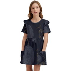 Dark And Gold Flower Patterned Kids  Frilly Sleeves Pocket Dress by Grandong