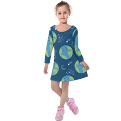 Seamless Pattern Cartoon Earth Planet Kids  Long Sleeve Velvet Dress by Grandong