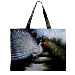 Canvas Oil Painting Two Peacock Zipper Mini Tote Bag by Grandong