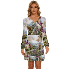 Colorful Cottage River Colorful House Landscape Garden Beautiful Painting Long Sleeve Waist Tie Ruffle Velvet Dress by Grandong