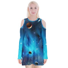 3d Universe Space Star Planet Velvet Long Sleeve Shoulder Cutout Dress by Grandong
