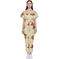 Leaves Foliage Acorns Barrel Bardot Ruffle Jumpsuit by Ndabl3x