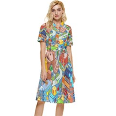 Pixel Art Retro Video Game Button Top Knee Length Dress by Sarkoni