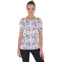 Cartoon Cat Cute Animal Kawaii Pastel Pattern Shoulder Cut Out Short Sleeve Top by Ndabl3x