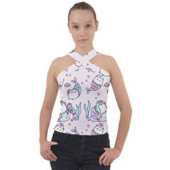 Cartoon Cat Cute Animal Kawaii Pastel Pattern Cross Neck Velour Top by Ndabl3x