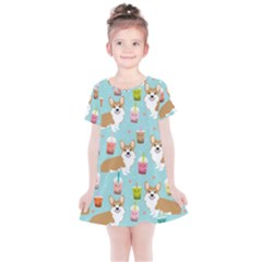 Welsh Corgis Dog Boba Tea Bubble Tea Cute Kawaii Kids  Simple Cotton Dress by Grandong