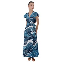 Abstract Blue Ocean Wave Flutter Sleeve Maxi Dress by Jack14