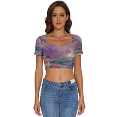 Abstract Flowers  Short Sleeve Square Neckline Crop Top  by Internationalstore