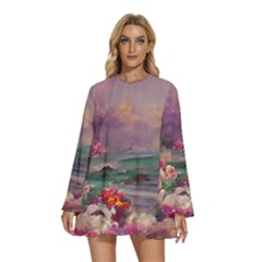 Abstract Flowers  Round Neck Long Sleeve Bohemian Style Chiffon Mini Dress by Internationalstore