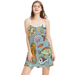 Cartoon Underwater Seamless Pattern With Crab Fish Seahorse Coral Marine Elements Summer Frill Dress by uniart180623