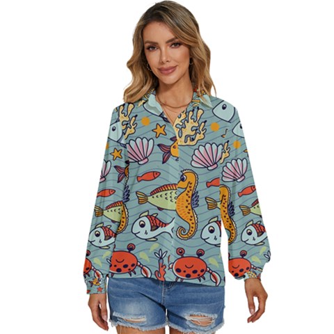 Cartoon Underwater Seamless Pattern With Crab Fish Seahorse Coral Marine Elements Women s Long Sleeve Button Up Shirt by uniart180623